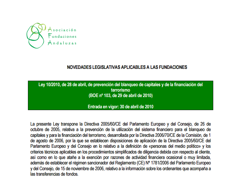 Novedad Legislativa 2: Ley 10/2010 de Blanqueo de Capitales