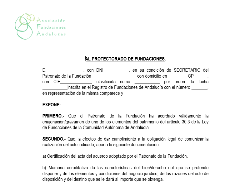 Comunicación al Protectorado de la Disposición de Bienes