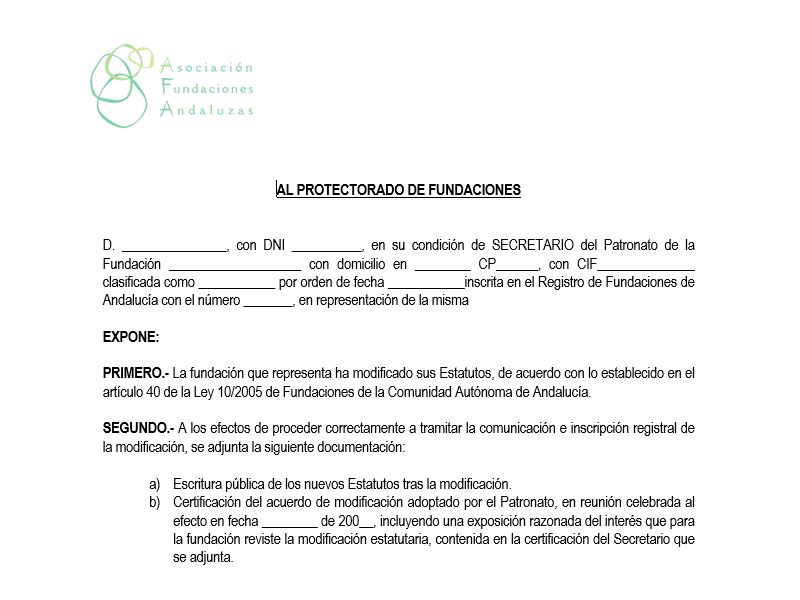 Comunicación al Protectorado de la Modificación de Estatutos