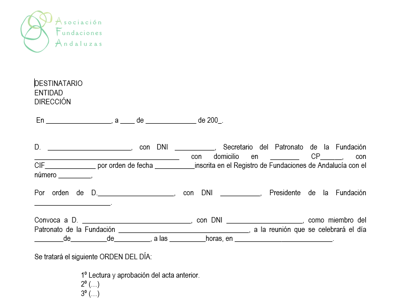 Modelo de Convocatoria de Patronato - AFA - Asociaciones y Fundaciones  Andaluzas