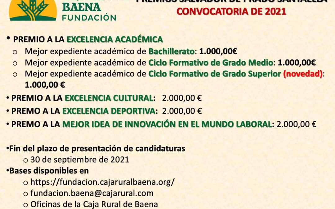 La Fundación Caja Rural de Baena convoca la edición de 2021 de los Premios Salvador de Prado Santaella