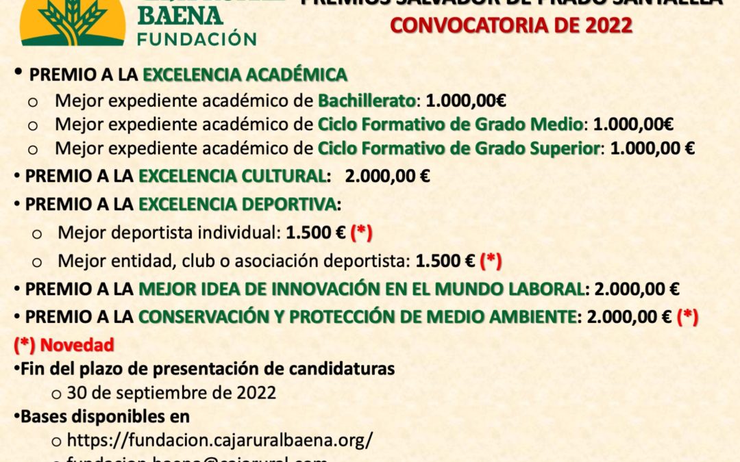 La Fundación Caja Rural de Baena convoca la edición de 2022 de los Premios Salvador de Prado Santaella