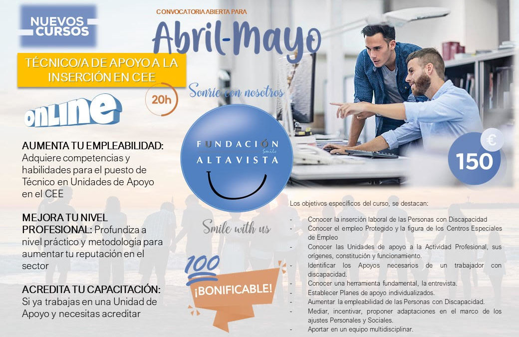 Fundación Altavista abre la convocatoria del Curso de Técnico de apoyo dirigido a profesionales que trabajen en las unidades de ajustes de personal y social en los CEE